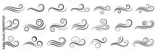 Blowing wind icon collection in black on a white background, set of wind blow line icons, vector illustrations representing air flow