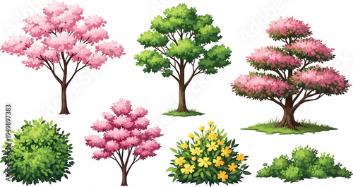Stylized cartoon trees and bushes set for landscape design vector illustration. Nature elements collection for graphic projects.