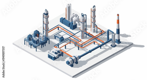 Isometric industrial plant with machinery.