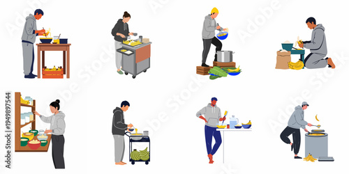 Flat vector illustration set of diverse people preparing banana snacks, featuring characters whisking batter, peeling fruit, and cooking street food in casual attire.
