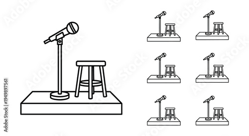 Line drawing depicting a television drum set and microphone