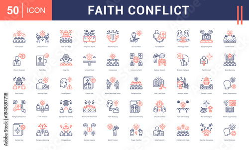 Faith Conflict Icon Set. faith clash, belief tension, holy site riot, religious march, belief dispute and more. Line Dual Tone vector icons collection.