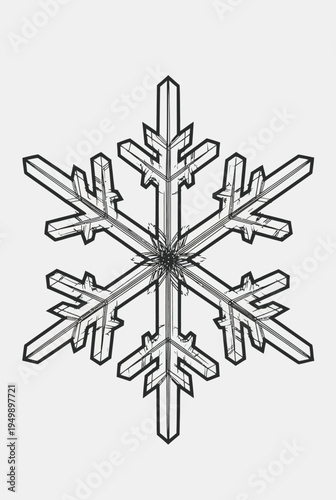 Detailed illustration of a single, symmetrical snowflake with intricate crystalline structures against a plain background