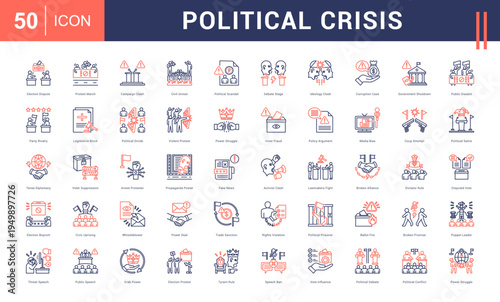 Political Crisis Icon Set. election dispute, protest march, campaign clash, civil unrest, political scandal and more. Line Dual Tone vector icons collection.
