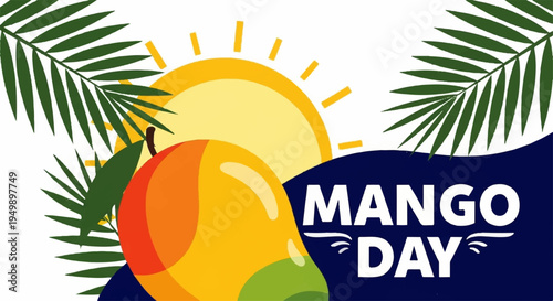 Mango day celebration with ripe mango sun and palm leaves on blue background