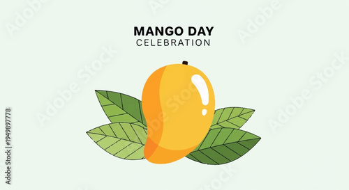Vibrant orange mango with green leaves on light background mango day celebration concept