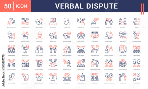 Verbal Dispute Icon Set. angry conversation, heated argument, shouting match, disagreement, yelling face and more. Line Dual Tone vector icons collection.