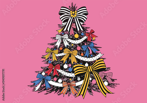 A stylized dark fir tree decorated with various colorful striped and polka dot bows and small round ornaments stands centered on a bright pink background.