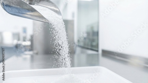 Metal scoop pouring white granular powder into a tray in a clean laboratory