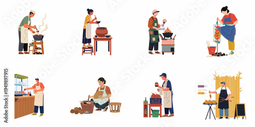 Collection of street food vendors cooking and grilling various skewers, BBQ, and snacks, isolated on a white background in flat vector style.