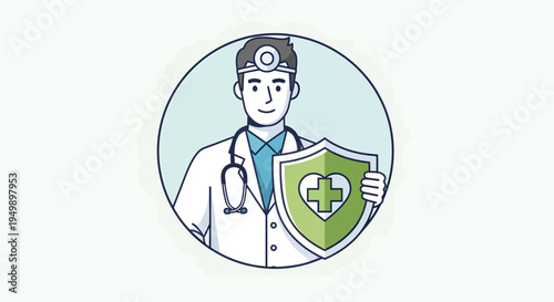 Doctor with Stethoscope and Medical Shield Icon.