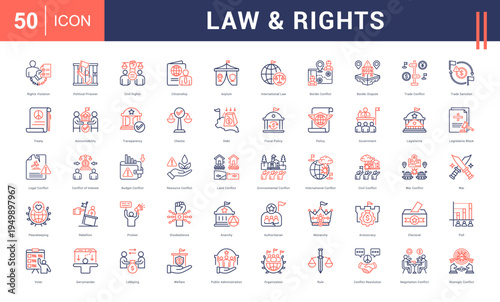 Law & Rights Icon Set. rights violation, political prisoner, civil rights, citizenship, asylum and more. Line Dual Tone vector icons collection.