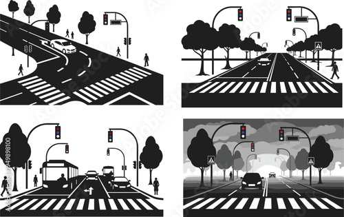Urban traffic intersection vector set, city road crosswalk scenes with cars pedestrians buses traffic lights transportation infrastructure illustration collection