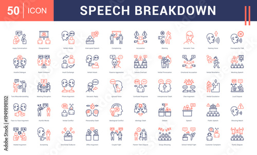 Speech Breakdown Icon Set. angry conversation, disagreement, verbal abuse, interrupted speech, complaining and more. Line Dual Tone vector icons collection.
