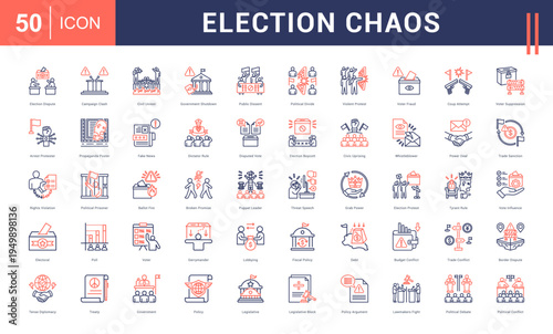 Election Chaos Icon Set. election dispute, campaign clash, civil unrest, government shutdown, public dissent and more. Line Dual Tone vector icons collection.