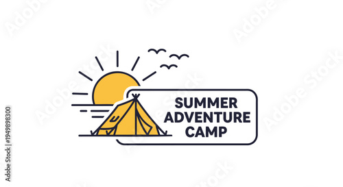 Vector illustration of summer adventure camp logo with tent and sun