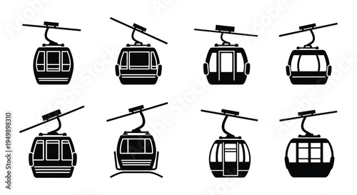 Black and white illustration of eight aerial tramway or cable car designs