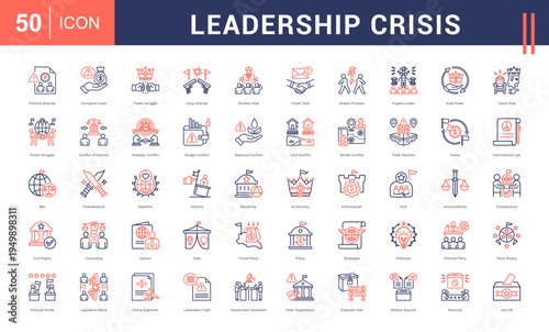 Leadership Crisis Icon Set. political scandal, corruption case, power struggle, coup attempt, dictator rule and more. Line Dual Tone vector icons collection.
