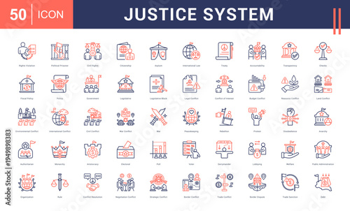 Justice System Icon Set. rights violation, political prisoner, civil rights, citizenship, asylum and more. Line Dual Tone vector icons collection.