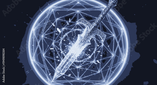 Mystical Sword in Glowing Geometric Circle - Magical Power Concept