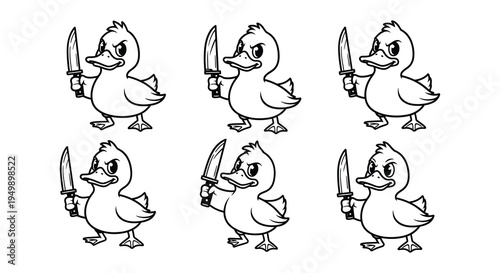 Menacing ducks with knives a repeated quirky black and white illustration