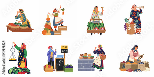 Set of eight illustrations featuring traditional female street vendors selling fresh vegetables, grains, and produce at a local market.