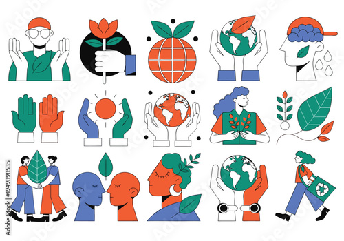 Fifteen circular and square vignettes showing hands cradling the earth and characters interacting with plants are displayed against a clean white background.