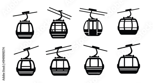 Black and white illustration of eight aerial tramway or cable car designs