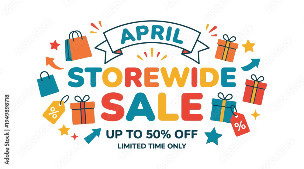 Obraz premium April Storewide Sale Banner with Shopping Bags and Gifts