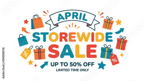 April Storewide Sale Banner with Shopping Bags and Gifts