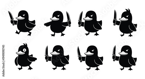 Menacing ducks with knives a repeated quirky black and white illustration