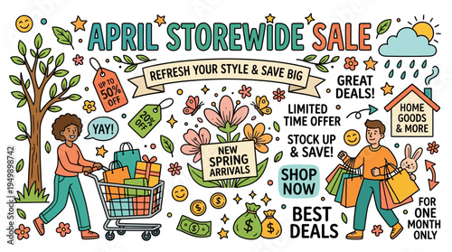 April Storewide Sale Banner with Shopping Theme