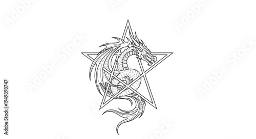 Mythical Dragon Within Pentagram Symbol - Fantasy Illustration