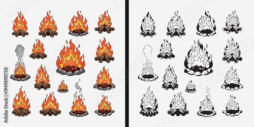Fire flame cartoon icon set, campfire flame illustration design, burning fire artwork collection, flame animation cartoon icons, fire clipart drawing set, flame symbol illustration design, burning fir