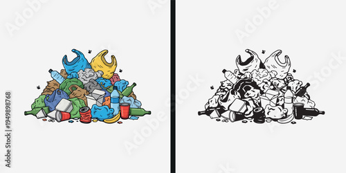 Waste management illustration set, trash recycling icon collection, garbage disposal cartoon design, eco waste clipart illustration, recycling symbol artwork set, environmental waste icons design, tra