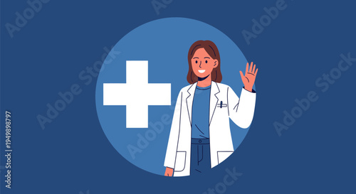 Female doctor in white coat waving hand with medical cross symbol.