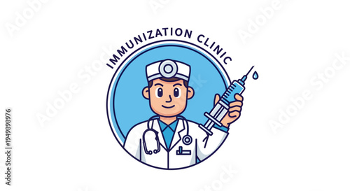 Friendly Doctor Holding Syringe for Immunization Clinic Logo.