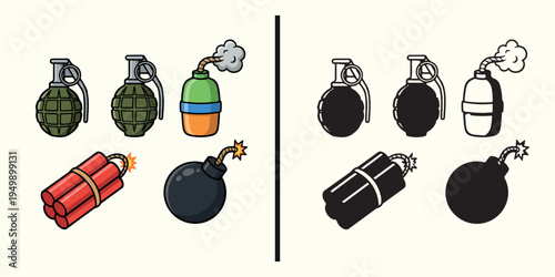 Bomb explosive cartoon icon, danger bomb illustration design, explosive weapon cartoon artwork, bomb clipart drawing set, explosive danger icon illustration, cartoon bomb object design, explosive weap