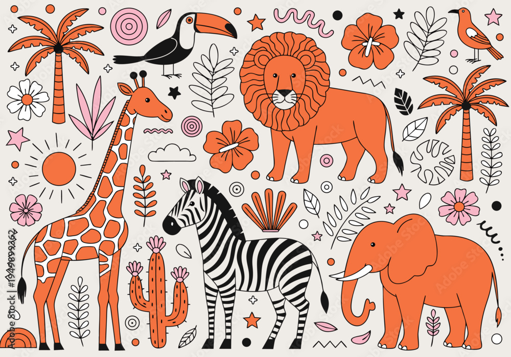 Fototapeta premium A dense arrangement of safari animals and tropical plants featuring thin black outlines and orange color blocks fills the frame on a light beige background.