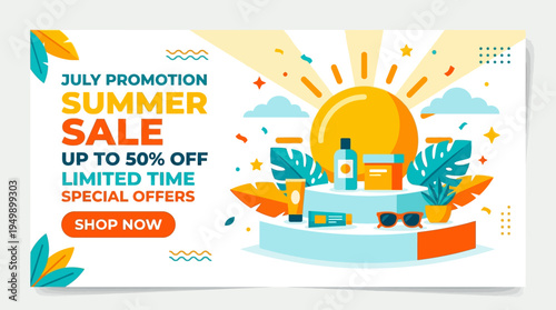 Summer Sale Promotion Banner with Sun and Beach Accessories