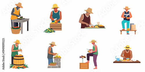 Flat Illustration Set of Various Farmers and Vendors Cutting and Peeling Fresh Mangoes for Market Sale