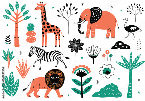 A colorful collection of hand-drawn safari animals including a giraffe and lion is surrounded by tropical plants and geometric stars on a white background.