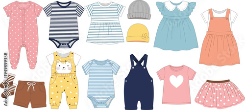 Cute baby clothes collection infant outfits dresses bodysuits and accessories vector illustration set