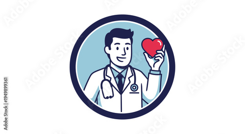 Friendly male doctor holding a red heart in a circular emblem.