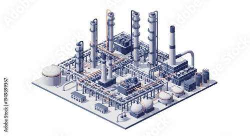 Isometric industrial plant with smokestacks and machinery.