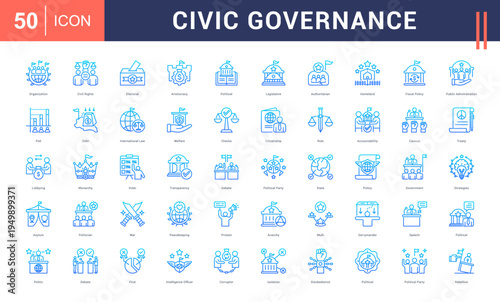 Civic Governance Icon Set. organization, civil rights, electoral, aristocracy, political and more. Line Gradient vector icons collection.