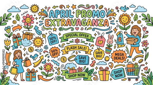 April Promo Extravaganza Doodle with Shopping Elements