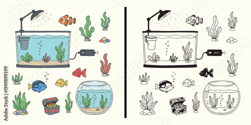 Aquarium fish cartoon illustration, underwater fish doodle collection, cute fish aquarium icons set, marine fish cartoon artwork, aquarium pet fish illustration, underwater animal cartoon design, fish