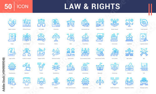 Law & Rights Icon Set. rights violation, political prisoner, civil rights, citizenship, asylum and more. Line Gradient vector icons collection.