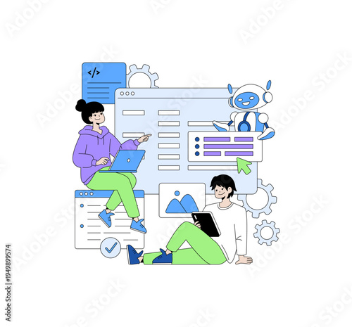 Collaborative Programming with AI Robot Vector Illustration